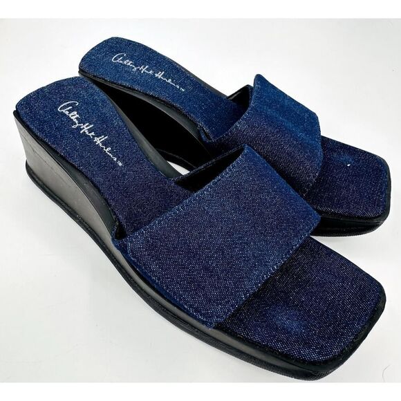 Anthony Mark Hankins Denim Sparkle Wedge Slide Sandals Blue Womens size 6.5 New - Picture 1 of 7